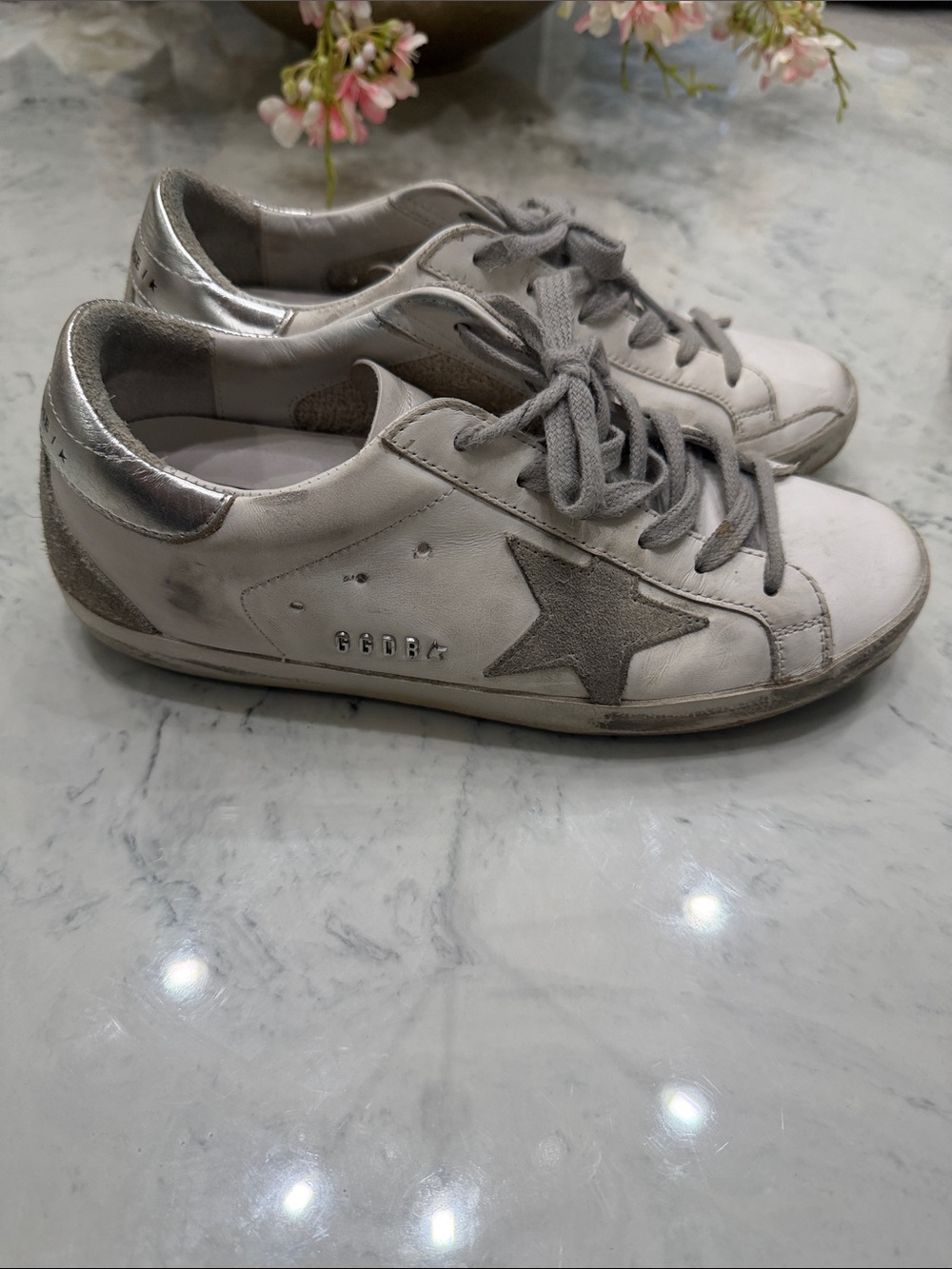 Golden Goose White Leather Sneakers with Gray Star and Silver Heel